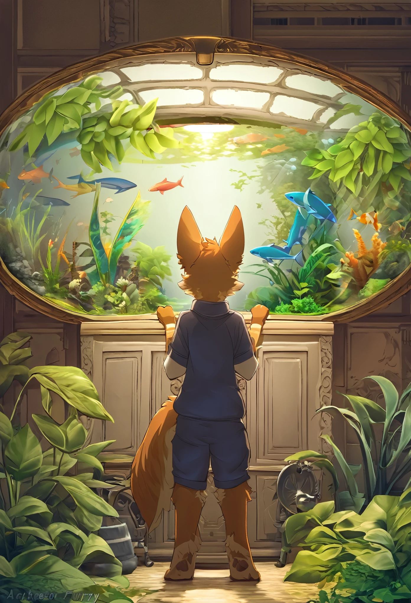 highres, paid reward available, unparalleled masterpiece, High-quality illustrations, super high resolution, detailed background(textile art, nightwear, surrounded cistern, transparent aquarium, aquatic plants, fluorescent lamp, caustics surface)(reflecting, refraction, polarization)absurdres, perfect anatomy(handsome 1boy, kemono, solo focus, Adventurer, Archaeologist)(furry)(furry anthro)(Furry body, dog facial features, dog body features)(very detailed body fur)full body, antique furniture, shaded face,