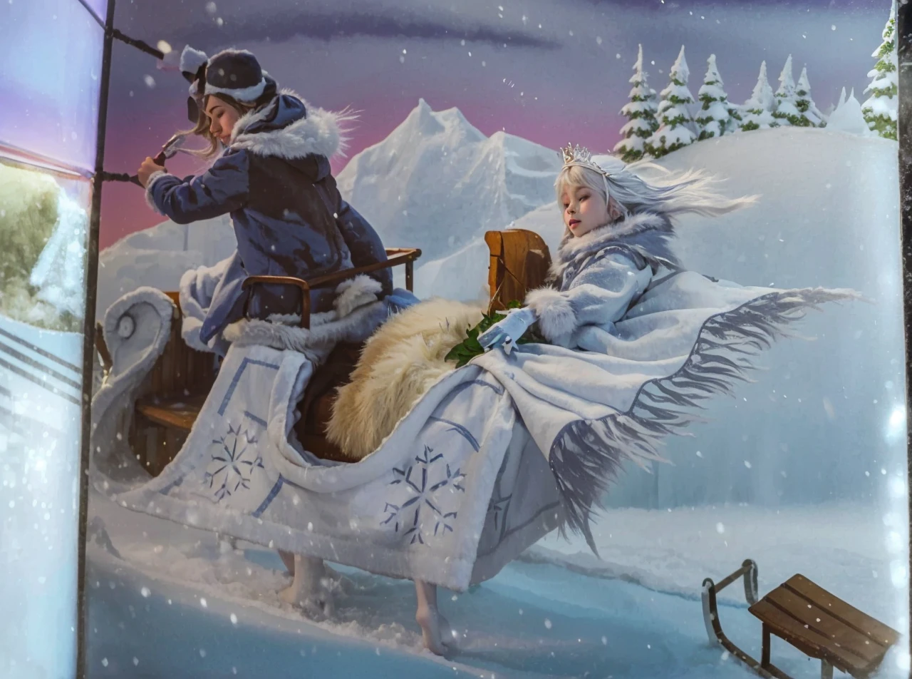 The Snow Queen from Andersen's fairytale wraps a freezing boy in her soft fox fur coat on a snowy bench. The boy's skin turns pale blue as the ice begins to freeze him, feeling the cold chills and becoming colder by the minute. The Snow Queen's luxurious fur provides a stark contrast to the child's freezing body. Imagine a snow queen in a white fur coat, imagine fur, imagine Visualize female as snow queen and little male boy,wyobraź sobie chłopiec otulony w zimne chłód białe futro, imagine Visualize snow queen in white soft fox fur coat and hug her fur