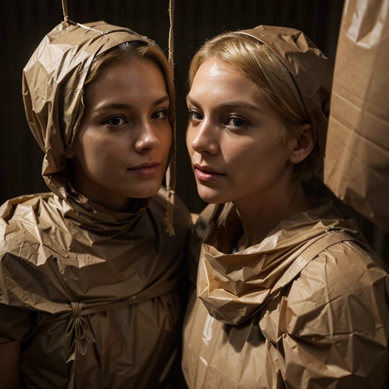 a stunningly beautiful blond short haired woman gets completely wrapped up in brown paper garbage bags like a helpless human package by two women wearing trash bags, tied up bound, getting mummified with papertape, getting strung up, loving it, making out, close up, photo