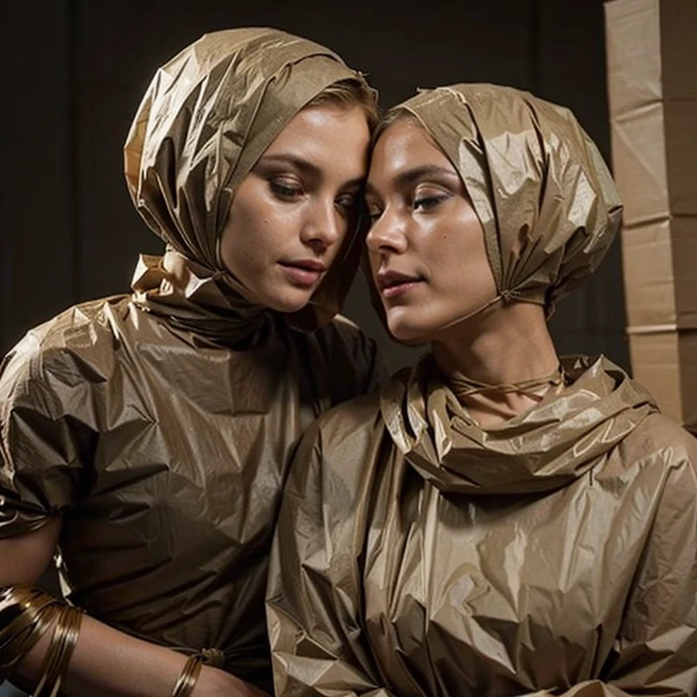 a stunningly beautiful blond short haired woman gets completely wrapped up in brown paper garbage bags like a helpless human package by two women wearing trash bags, tied up bound, getting mummified with papertape, getting strung up, loving it, making out, close up, photo