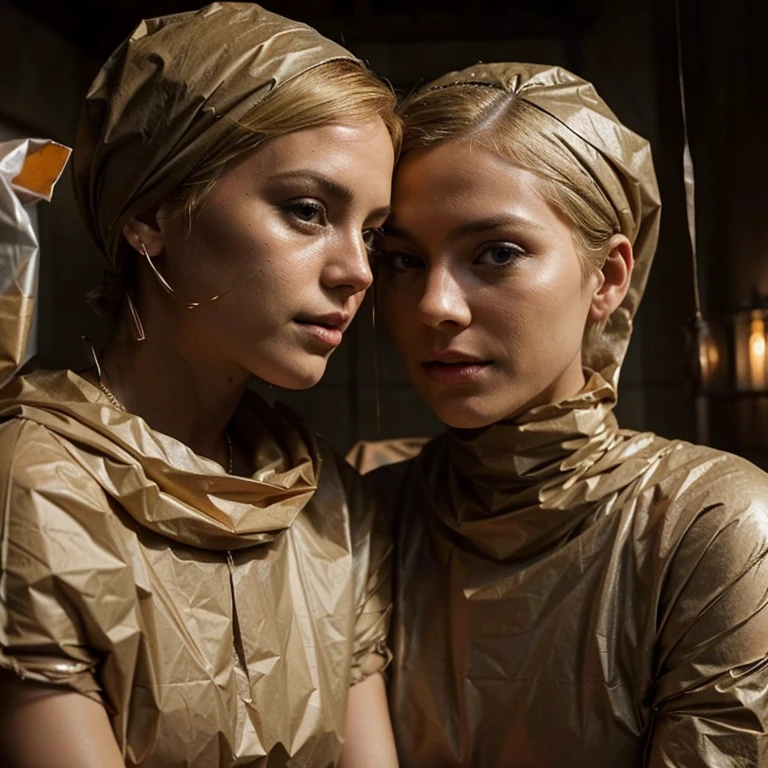 a stunningly beautiful blond short haired woman gets completely wrapped up in brown paper garbage bags like a helpless human package by two women wearing trash bags, tied up bound, getting mummified with papertape, getting strung up, loving it, making out, close up, photo