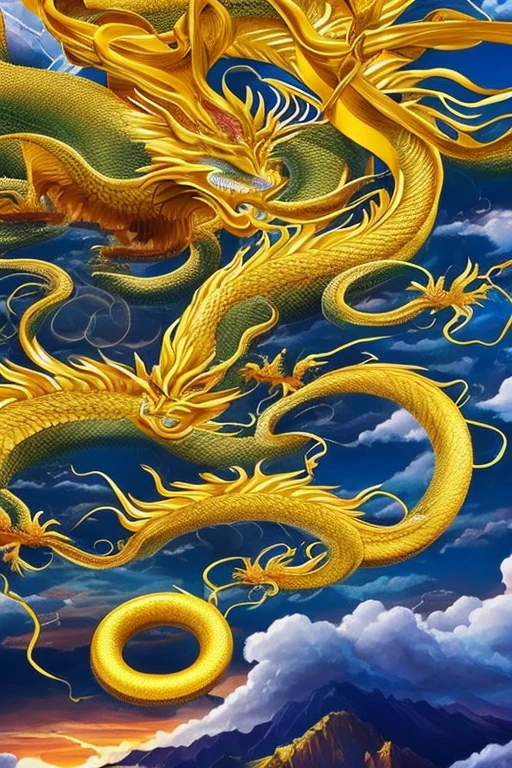 So sublime and divine々A beautiful golden dragon coiled up in the center of the screen, glaring at the camera.。The surrounding area is a canyon where no one can get close, and lightning is flashing in the background.、The sun is shining brightly
