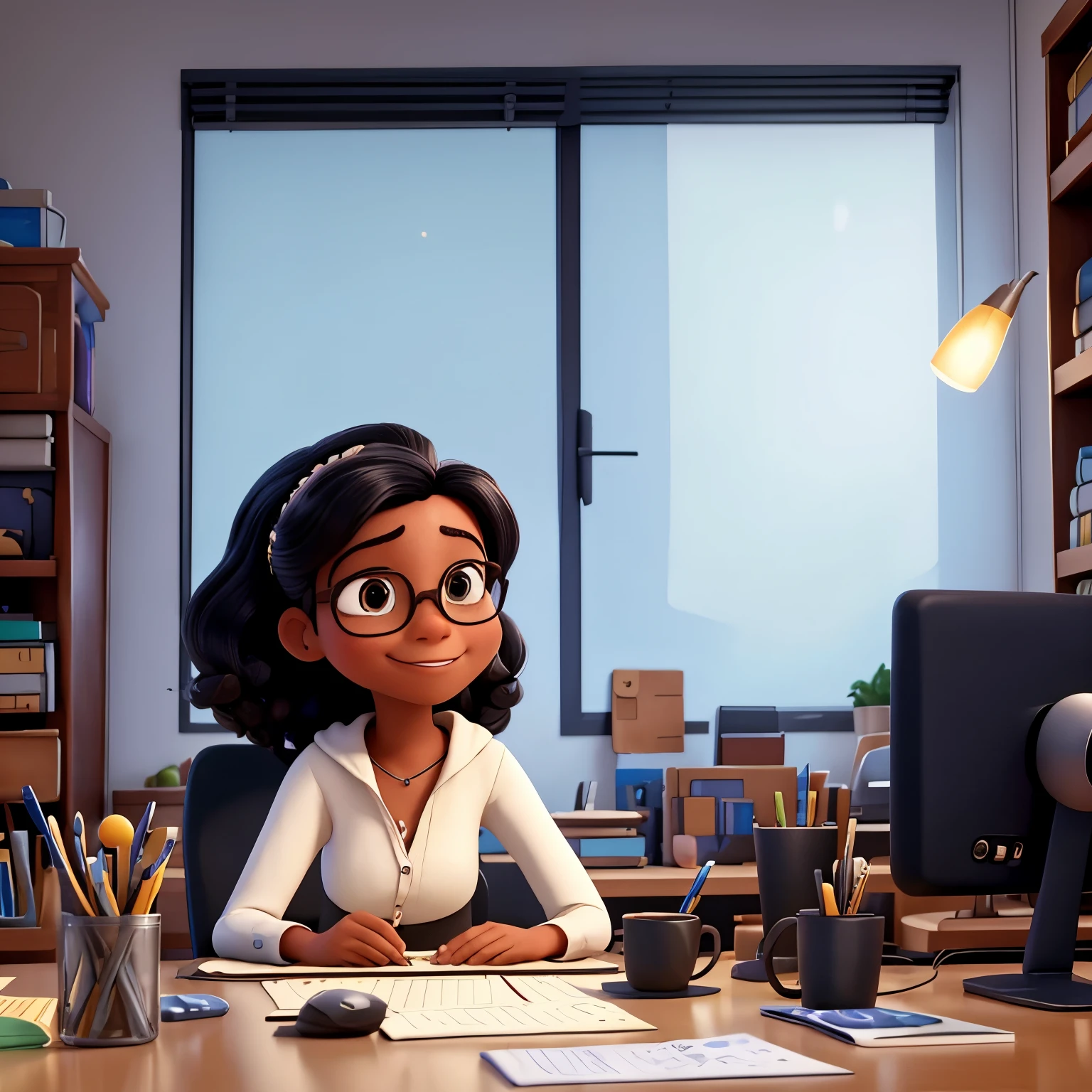 Filme inspirado na Disney-Pixar. A cena deve ser no estilo de arte digital da pixar , focusing on character expressions, An office as a background with textured details that come from Pixar animation. The main character is a woman. she is black,magra e bonito , usa oculos redondo , She is smiling and is working on a project (she is using a smartphone, and there is computer next to it).