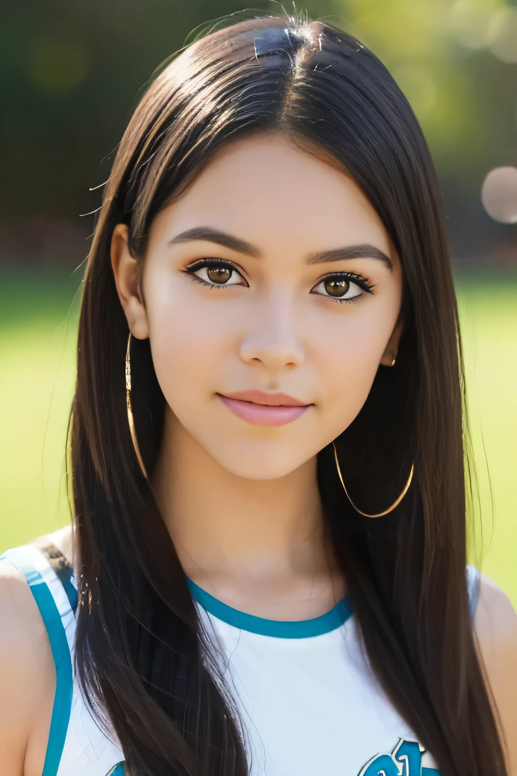Latin girl. Dark hair. Straight hair. Dark Eyes. Teen. Young adult. Pretty. Popular. Outgoing. Cheerleader. Thin eyebrows. Hoop earrings. 