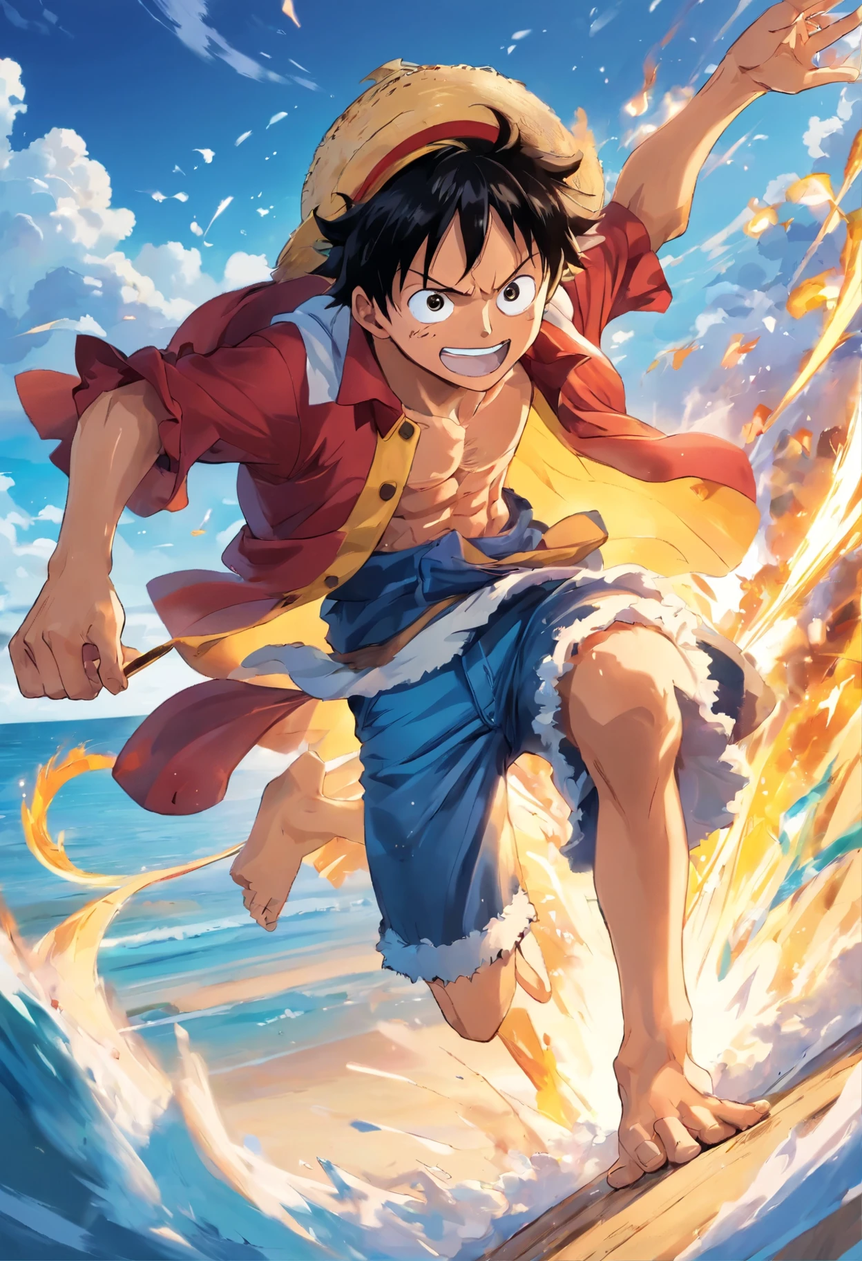 In the art, [[Monkey D. Luffy]] from ''One Piece'' is depicted in an energetic battle pose, ready for a [[Gomu Gomu no Pistol]] attack. Luffy is smiling confidently, his unmistakable [[straw hat]] on top of his head. The setting features the [[open ocean]] with a [[clear sky]], symbolizing Luffy's tireless quest and indomitable spirit. The colors should be intense and vibrant, reflecting Luffy's unwavering passion, energy and determination.