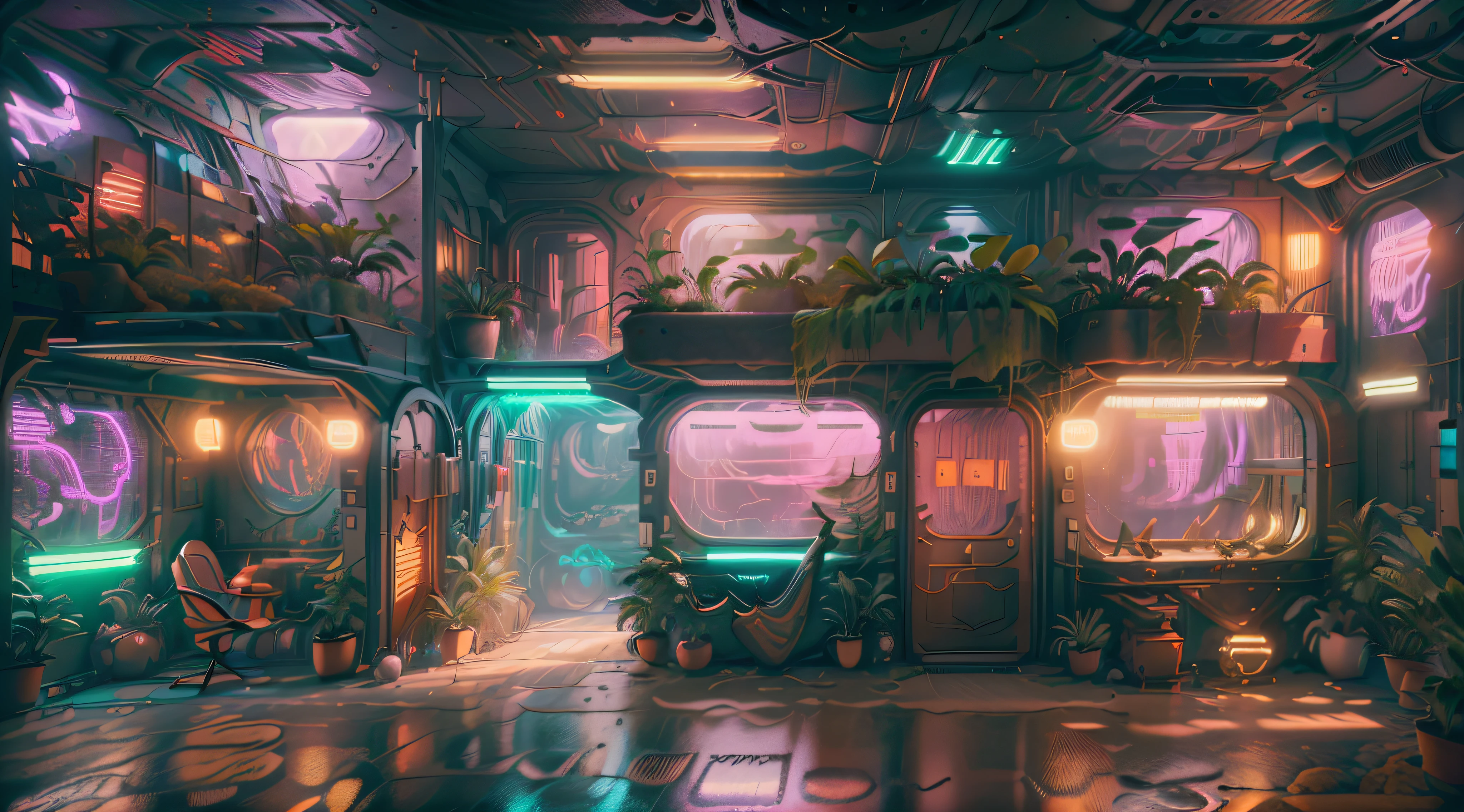 ((obra maestra)), (ultra detallado), (Detalles intrincados), (High Resolution CGI Artwork8k Illumination), Create a small, realistic antique image (dormitorio) At night with warm colors and pastel and light. Una de las paredes debe tener una ventana grande con un, De color, y detallado (cyberpunk), synthwave, neon cityscape. La ciudad debe tener un estilo futurista con muchos colores, Neon lights, Signos, and differently-sized buildings. El paisaje urbano debe ser extremadamente detallado con profundidad de campo. The city should have a lot of visual interest with many small details. Utilize atmospheric and ambient lighting to create depth and evoke the feel of a busy futuristic city outside the window. Pay close attention to details like intricate, contrata ojos y acentos de dormitorio de los 90. camera: Plano amplio que muestra la cama o el escritorio y la ventana. La ventana debe ser el punto focal de la imagen. luci: use atmospheric and volumetric lighting to enhance the cityscape details. The room should be illuminated by the neon lights from the cityscape.