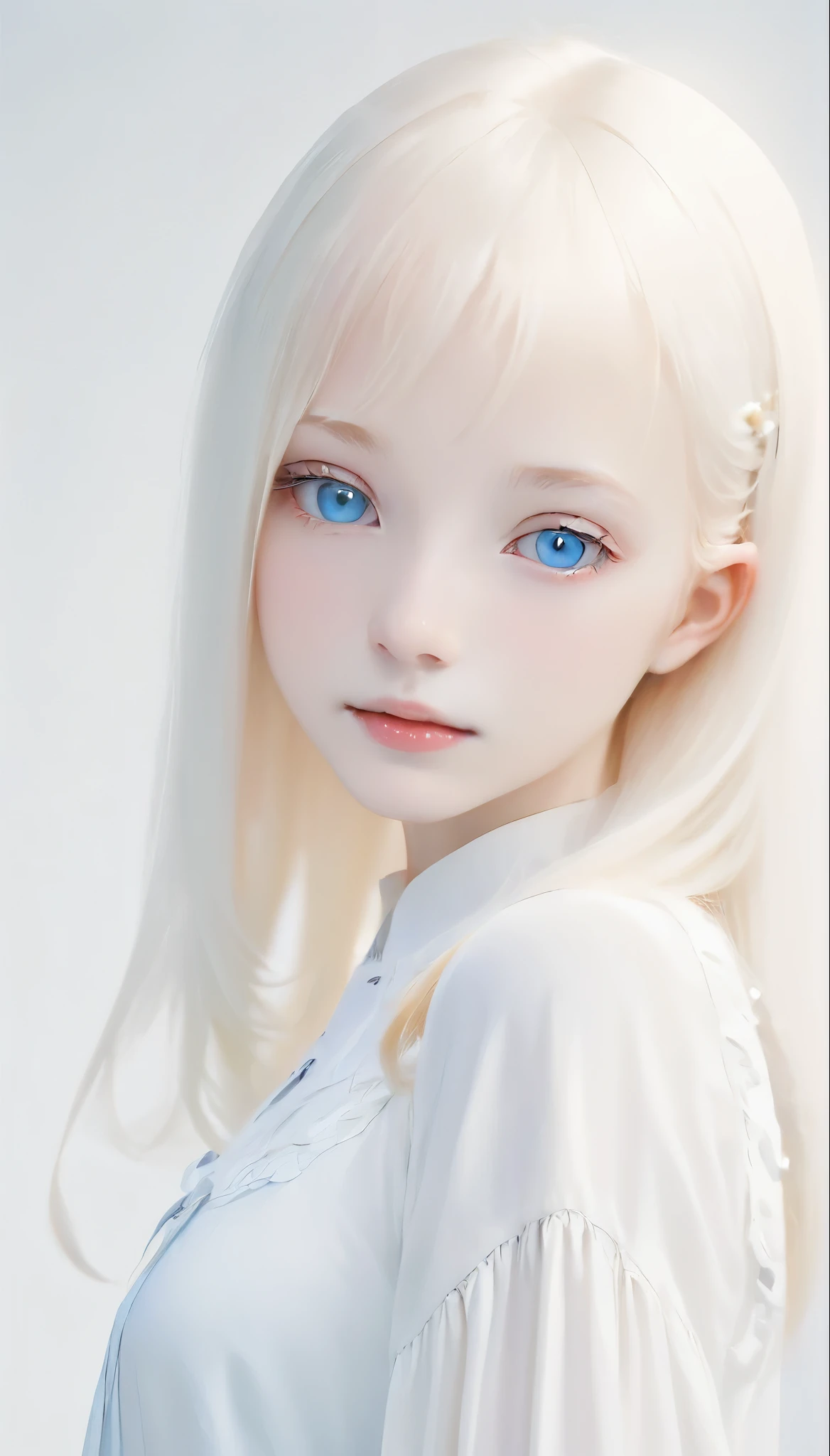 (((White Background:1.3)))、(((1 albino girl、Cute Face、pretty girl))), ,(((The eyes are white:1.3)))、White Dress、((White shirt:1.3、White Block Dress)), Tyndall effect, Realistic, Shadow Studio,ultramarine、illumination, Dual tone illumination, (Skin with attention to detail: 1.2)、薄Dark illumination、Dark illumination、 photograph, High resolution, 4K, 8k, Background Blur,Beautiful fade out、White world、White Background