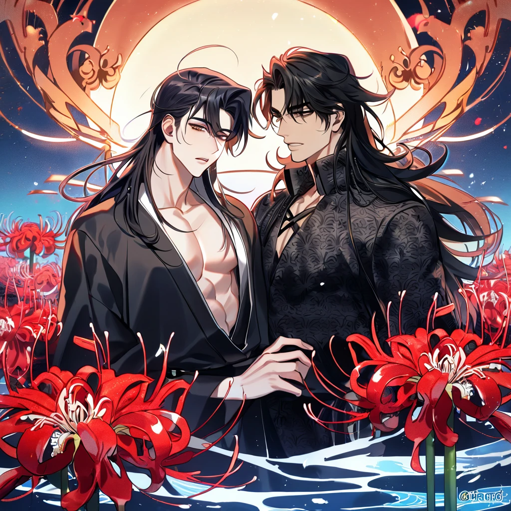 (absurdres, highres, ultra detailed, HDR) master piece, best quality, perfect face, delicated features, straight black hair, Kim Dokja x Yoo Joonghyuk with long hair, expressive brown eyes, Omniscient reader's viewpoint, two sexy men, handsome, gay couple, yaoi, toned chest, black kimono with accessories, patterns, red spider lilies, water, magical moon