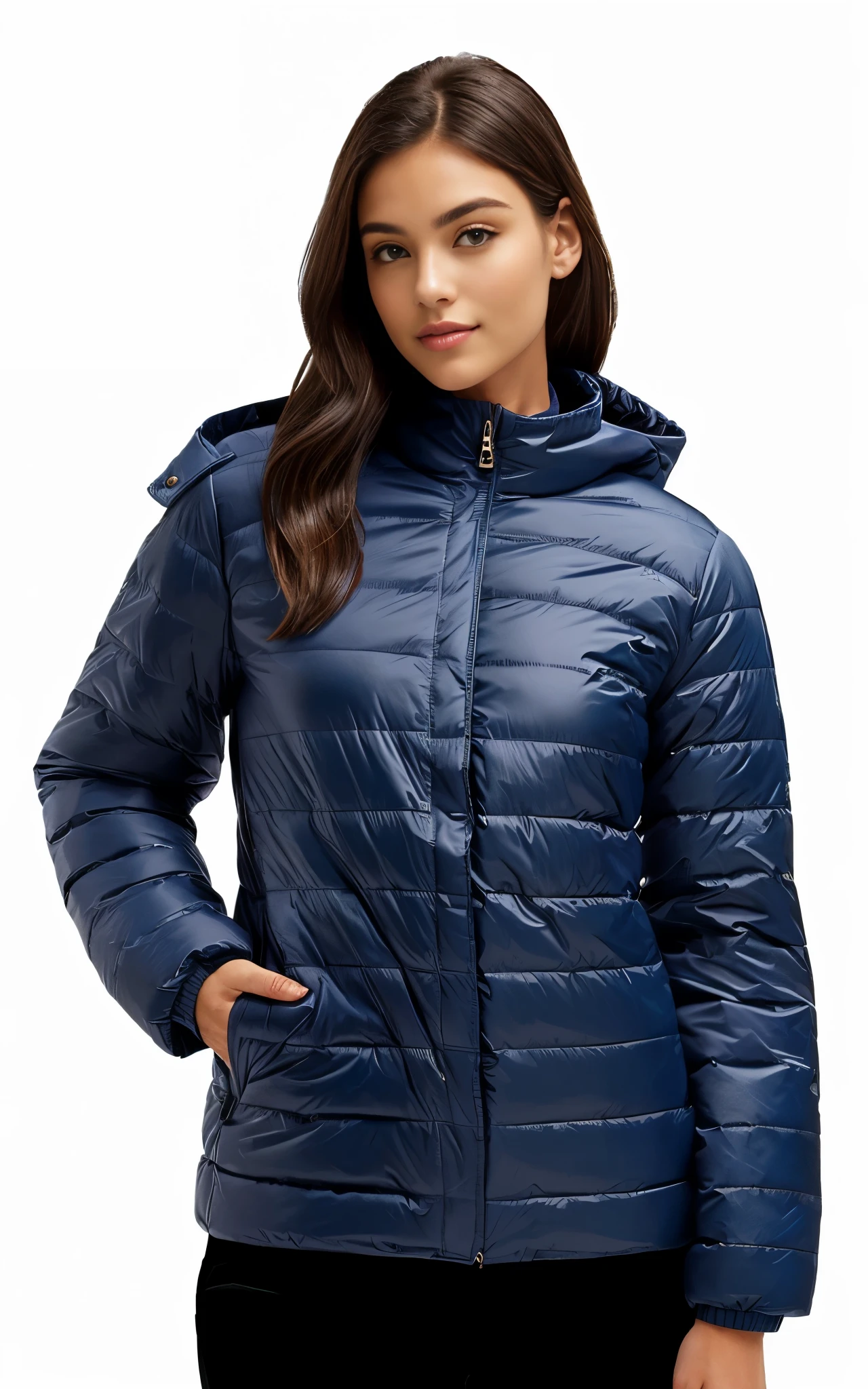 a white woman in a Jaqueta bomber azul and black pants posing for a picture, model wears a Casaco puffer, Casaco puffer, Parka Azul, encapuzado, casaco reflexivo inchado, future inflatable jacket, sobretudo fechado azul colante, azul-marinho, roupas esportivas, reflective Casaco puffer, Jaqueta azul, maxar, harmony Jaqueta azul, azul-marinho, wearing Jaqueta azul