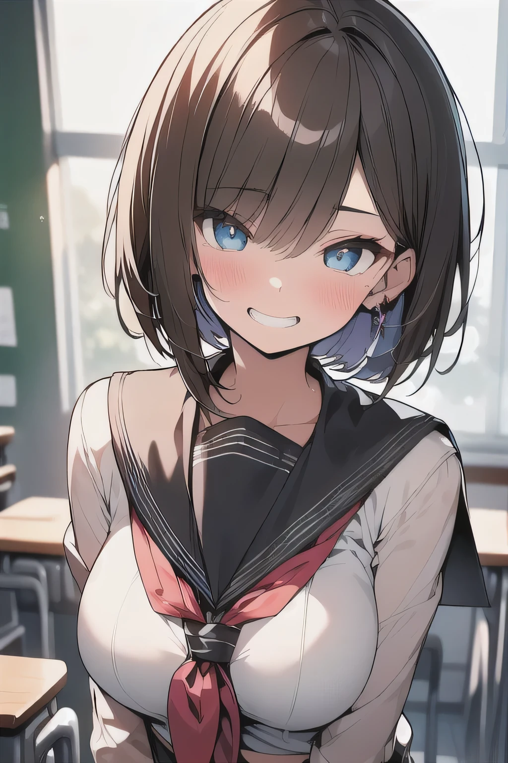 (best quality), (Super detailed), (Best Illustration), (masterpiece), insane detail, score_9, score_8_up, score_7_up, 4k,
(woman), (serafuku), (large breasts:1.2), {brown hair, (sideburns), (bob cut:1.3), curly hair, hairs between eyes, colored inner hair}, {(detailed eyes), star-shaped pupils, blue eyes}, grin, blush, earring, wind, classroom