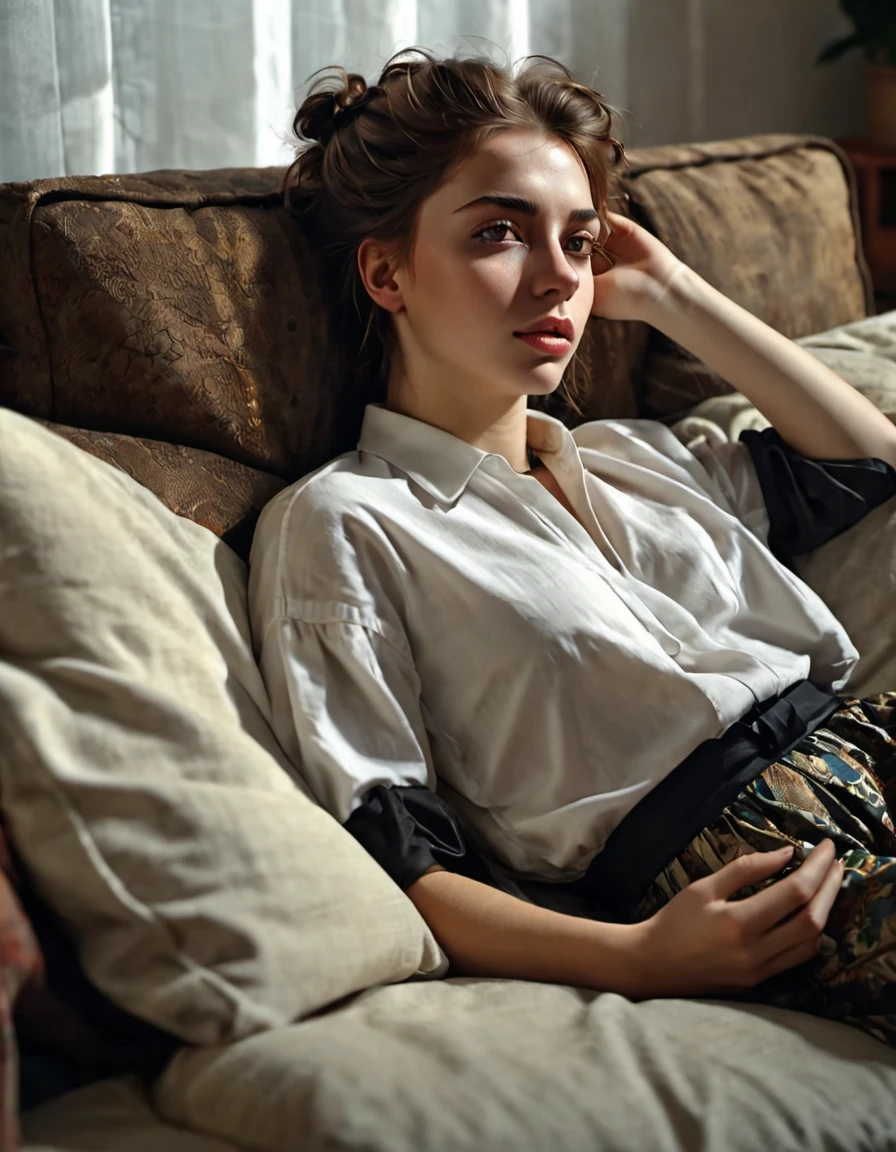 A girl, lying on the sofa, looks very enjoyable, Caravaggio style, looks depressing, high quality, ultra-detailed, crazy details, 4K