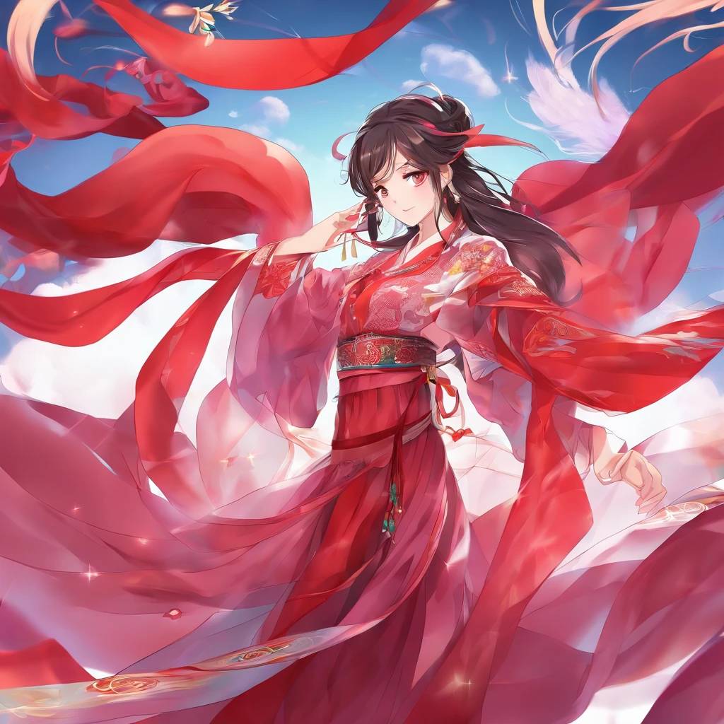 ((High quality, movie quality, best quality, extreme details, masterpiece details eyes)), a sky full of silk ribbons flowing background (red), a beautiful oriental girl (20 years old), oval face, long red hair shawl (elegant ), bright red phoenix eyes, red eyes, wearing a Han Dynasty transparent dress (red), sideways, full body silk (close-up shot), 8k, silk ribbons flowing (wrapped around the body), dancing (silk ribbons graceful), cinematic lighting,