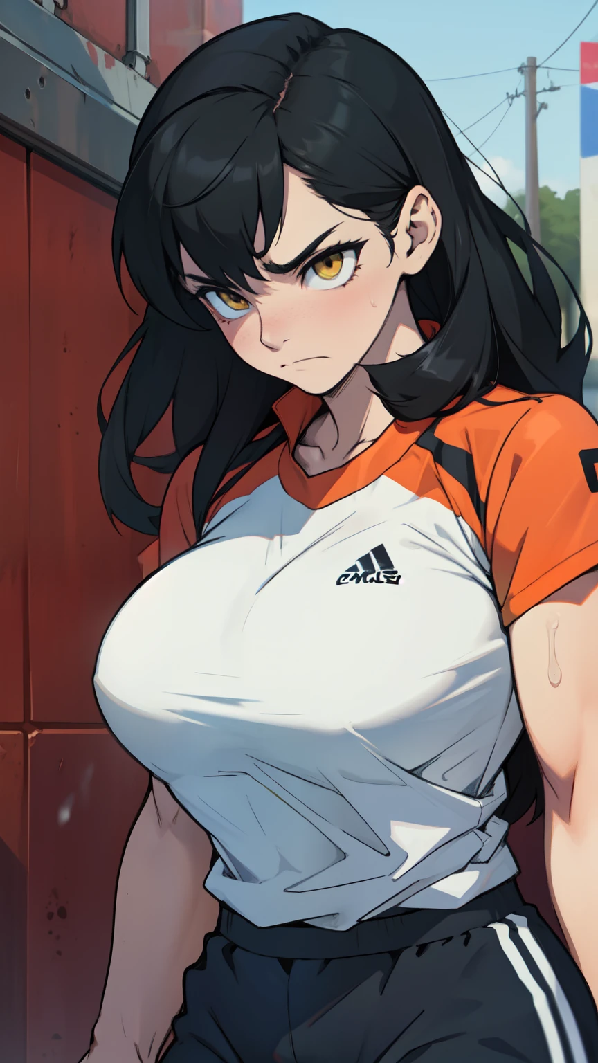 athletic build massive breasts pale skin black hair yellow eyes sad frown confused long hair