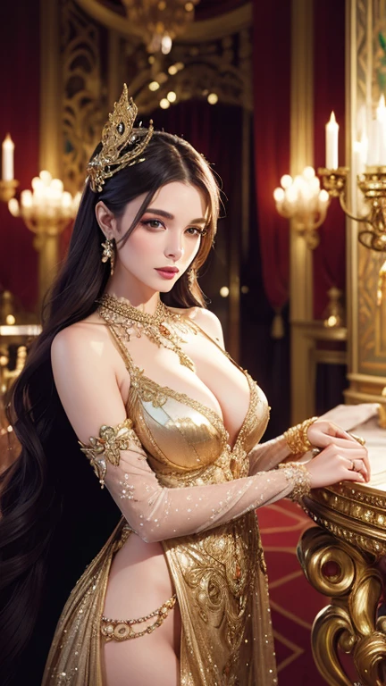 Create an image of a stylish European woman in contemporary fantasy attire, attending an opulent carnival. She wears a detailed, glamorous mask that complements her exquisite gown. The scene is set in a luxurious environment with rich decorations, sparkling lights, and a festive atmosphere ,art nouveau background