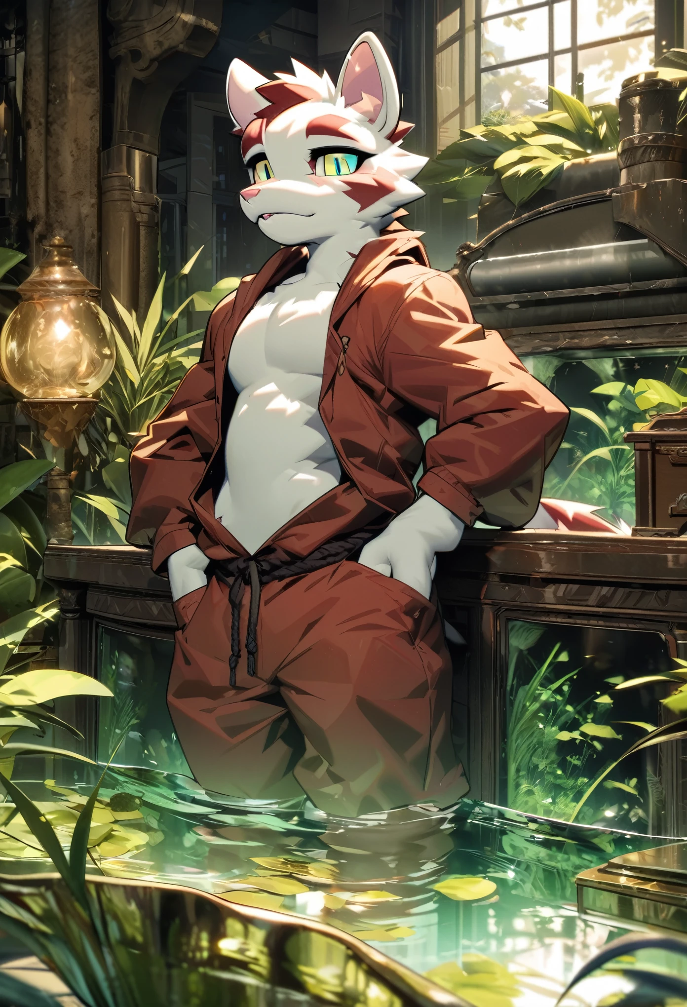 top quality, best quality, High-quality illustrations, masterpiece, super high resolution, detailed background,(textile art, nightwear, surrounded cistern, transparent aquarium, aquatic plants, fluorescent lamp, caustics surface)(reflecting, refraction, polarization:1.2)(highly detailed beautiful face and eyes)absurdres, perfect anatomy(handsome 1boy, kemono, solo focus, Adventurer, Archaeologist)(furry)(furry anthro:1.7)(Furry body, dog facial features, dog body features)(very detailed body fur)full body, expressionless, closed mouth, antique furniture, shaded face,