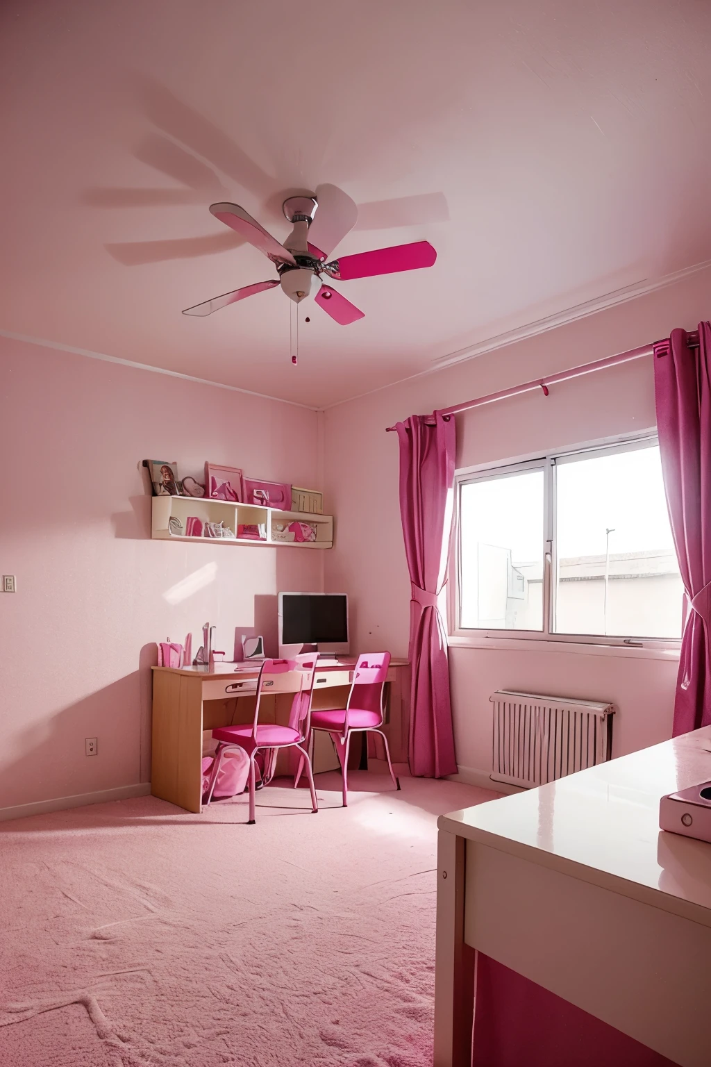 The bedroom covered by the pink colour all over the room. In the room has a red bed located in the middle of the room. The room has one window and the kitty sofa next to it.  other side of the room also have the study table with laptop on the table