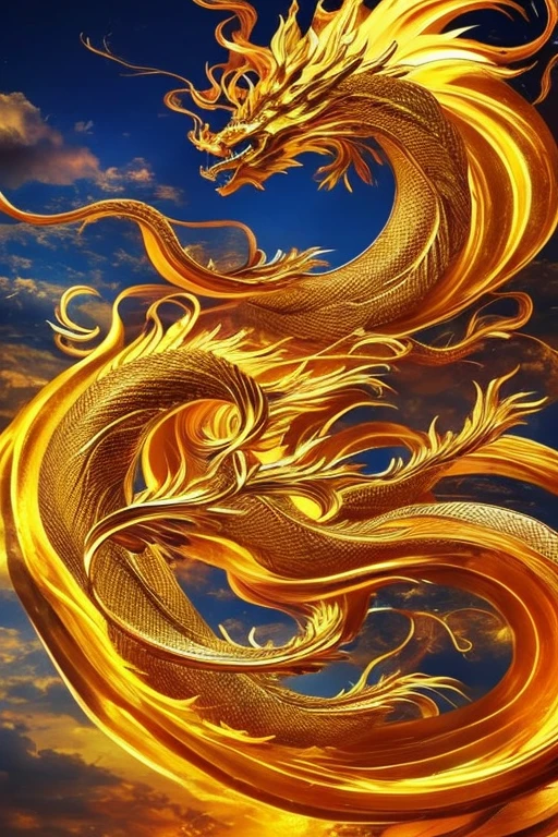 So sublime and divine々A beautiful golden dragon coiled up in the center of the screen, glaring at the camera.。The surrounding area is a canyon where no one can get close, and lightning is flashing in the background.、The sun is shining brightly