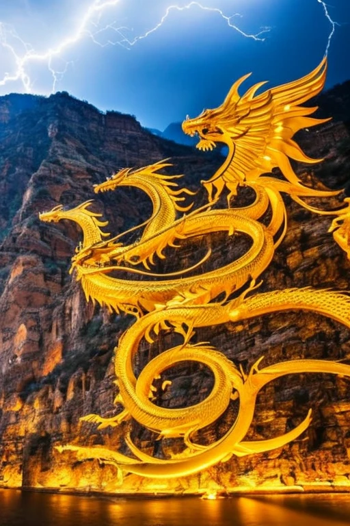 So sublime and divine々A beautiful golden dragon coiled up in the center of the screen, glaring at the camera.。The surrounding area is a canyon where no one can get close, and lightning is flashing in the background.、The sun is shining brightly