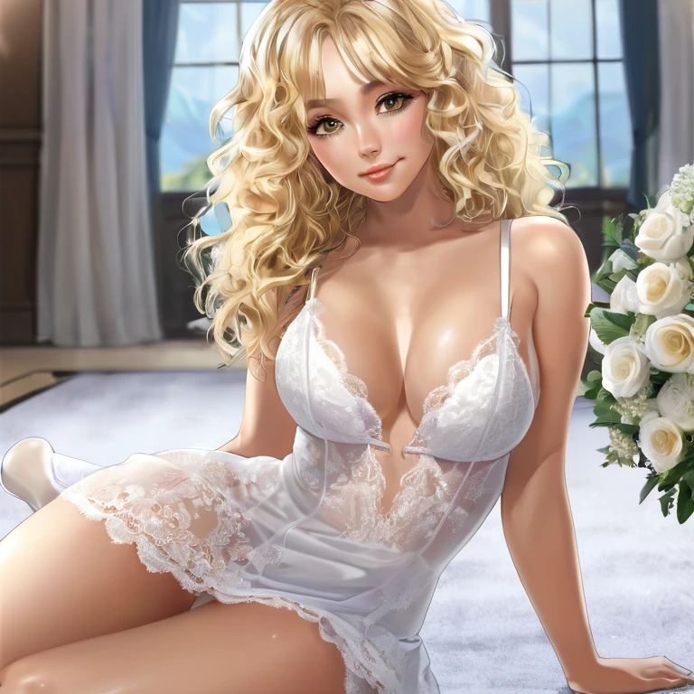 Masterpiece, high resolution, 8k resolution, ((1 sexy blonde girl)) , perfect face, cute face, extra large curly hair, with white bridal lingerie, (((white sexy bridal dress))), white bridal lingerie chemise, white thong, white stockings,white bridal nightgown, white pumps, bridal veil, front pose, ((doggy pose on floor)), selfie ((Bridal bouquet on hands)), tits focus, motel, sex bedroom