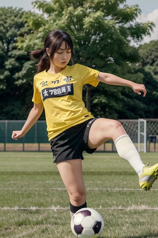 a woman in a yellow shirt kicking a soccer ball in a field, a photo of Yoshihiko Wada, winner of the pixiv contest, Shin Hanga, the anime girl is running, official art, 2 0 2 2 anime style, anime style 2022, Protagonist girly 👀 :8, high quality anime art style, clean and detailed anime style, anime style