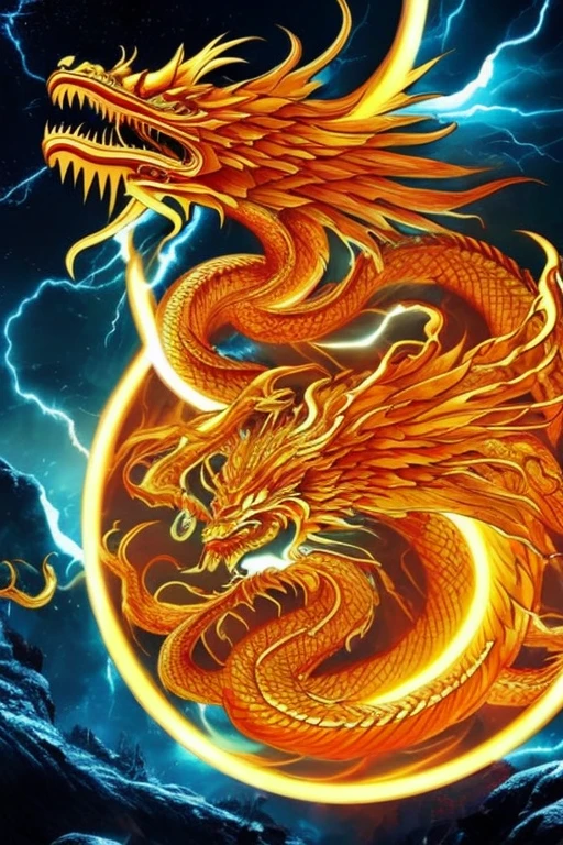 So sublime and divine々A beautiful golden dragon coiled up in the center of the screen, glaring at the camera.。The surrounding area is a canyon where no one can get close, and lightning is flashing in the background.、The sun is shining brightly。The dragon is、real