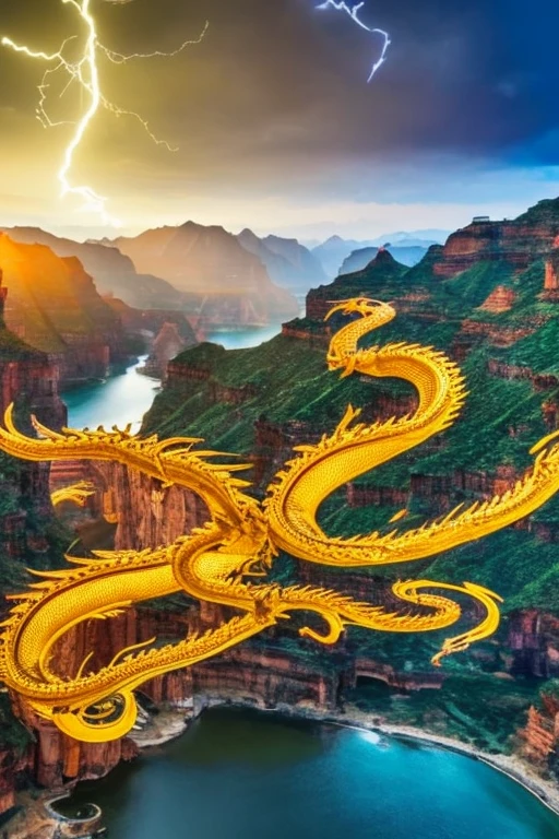 So sublime and divine々A beautiful golden dragon coiled up in the center of the screen, glaring at the camera.。The surrounding area is a canyon where no one can get close, and lightning is flashing in the background.、The sun is shining brightly。The dragon is、real