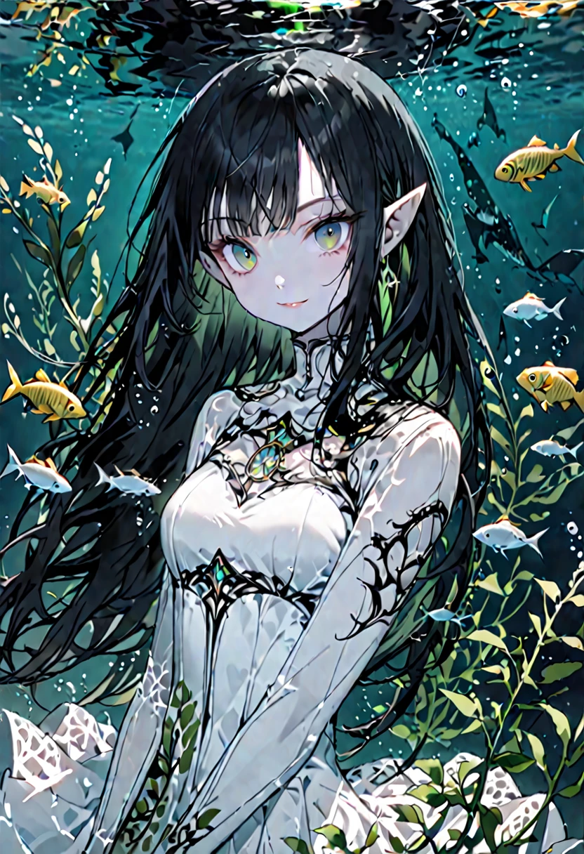 solo, female, medium short, sfw, extremely long hair, black hair, straight hair, pointed ears, long ears, long lashes, dark green eyes, very pale skin, lithe, hourglass figure, thin, short, underwater, fish, kelp, white dress, smile