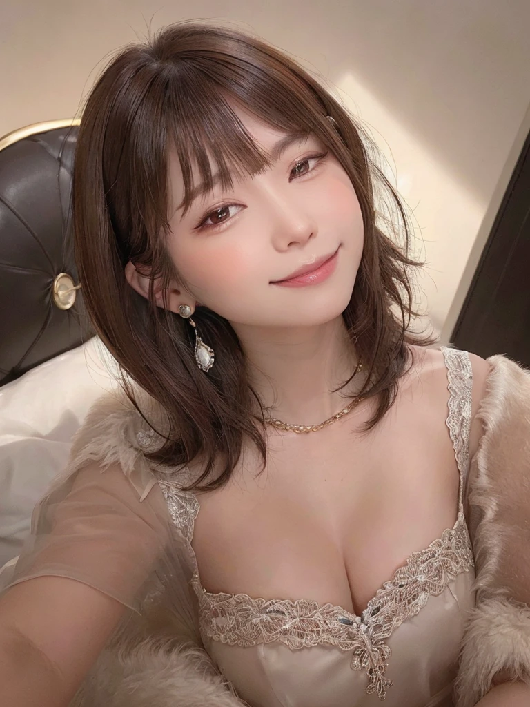 wince, longeyelashes, solid circle eyes, brown hair, hair behind ear, one eye closed, heart earrings, crystal earrings, grin, Surrealism, from above, 8k, super detail, ccurate, best quality, UHD, retina, masterpiece, ccurate, anatomically correct, high quality, best quality,