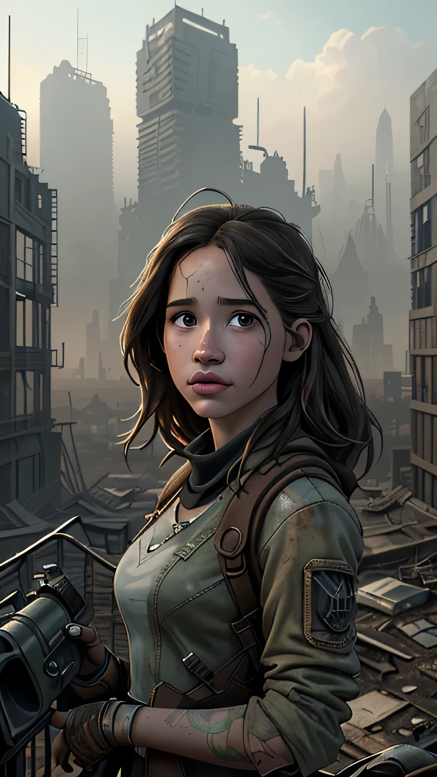 Foto hiperrealista en primer plano de Kelsey Asbille, masterpiece, best quality, (photorealistic:1.4), Create dystopian masterpieces. Depict the cityscape in the gritty style of the game's concept art. This work should evoke a sense of abandonment and despair in a futuristic, post-apocalyptic world. Notice the intricacies of detail, the sharp focus.