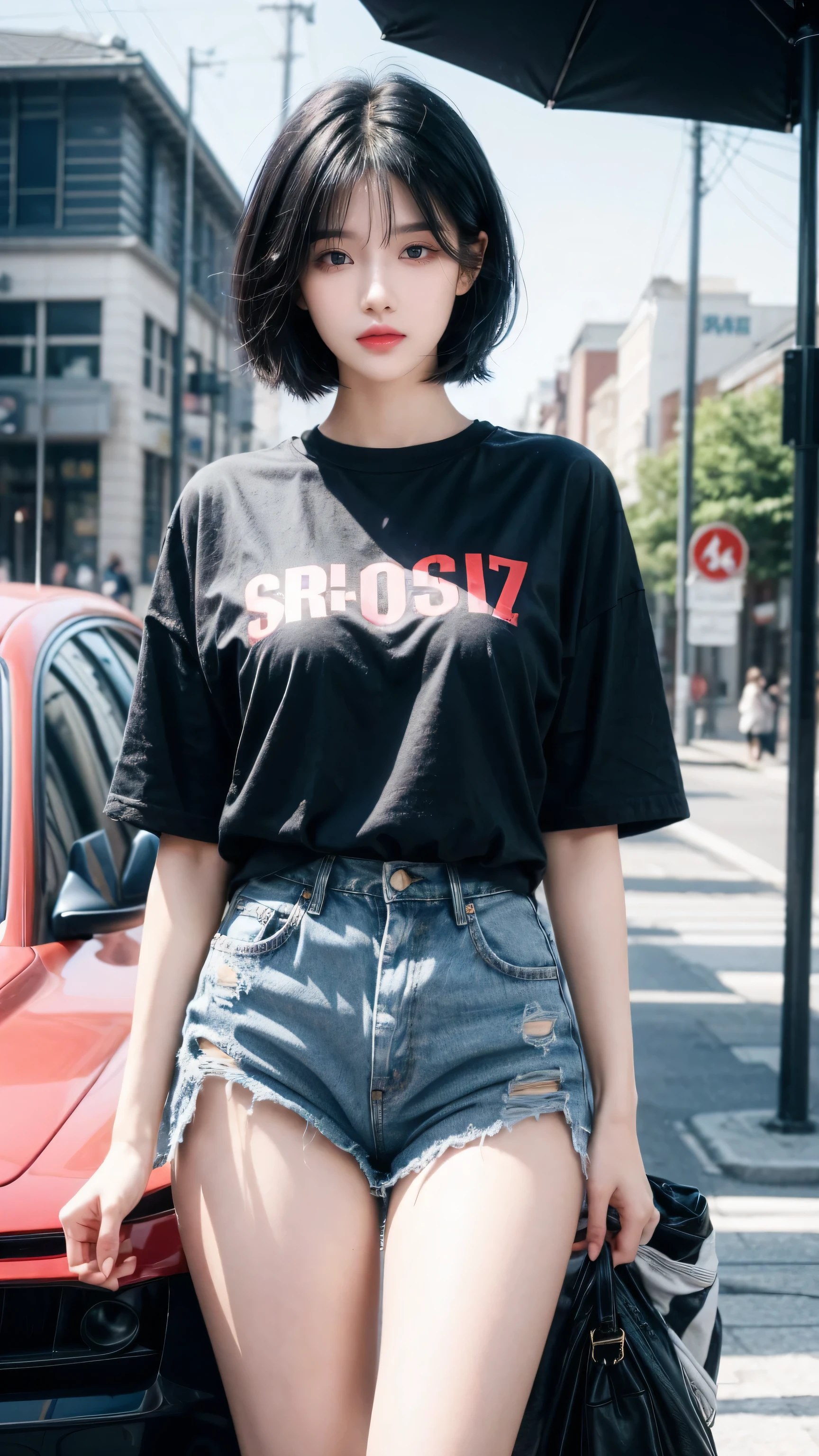 best quality, 1 Girl, dark blue hair, black eyes, Very short hair, Spiky hair, red down oversize t-shirt, High waist short jeans, 171 cm, Messy hair, Hair between the eyes, Medium breasts, full, Tomboy, aldult, 20 years old, 1 Girl