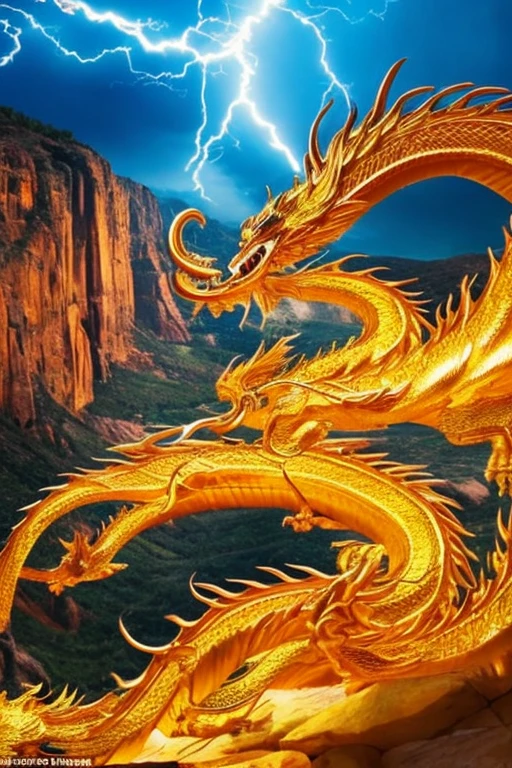 So sublime and divine々A beautiful golden dragon coiled up in the center of the screen, glaring at the camera.。The surrounding area is a canyon where no one can get close, and lightning is flashing in the background.、The sun is shining brightly。The dragon is、I want a realistic image。