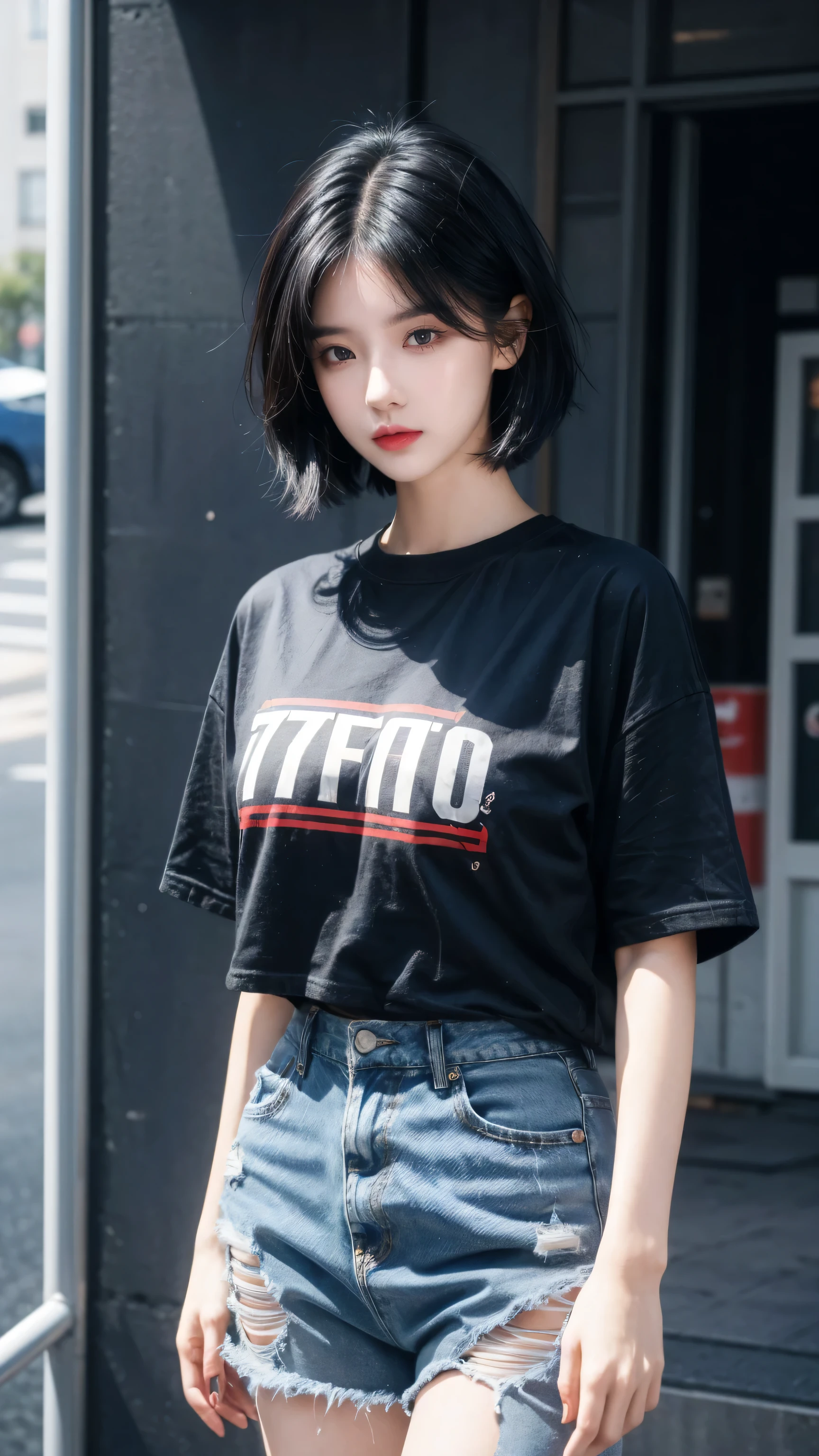 best quality, 1 Girl, dark blue hair, black eyes, Very short hair, Spiky hair, red down oversize t-shirt, High waist short jeans, 171 cm, Messy hair, Hair between the eyes, Medium breasts, full, Tomboy, aldult, 20 years old, 1 Girl