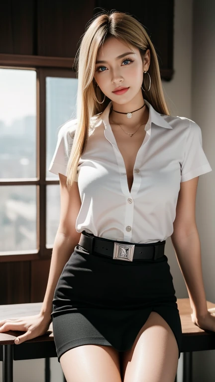 (8K high resolution, masterpiece, best quality alone complicated details Chromatic aberration) realistic ((moderate breath)) hair in one eye, purple eyes, round hoop earrings, sharp eyes, diamond choker ( symmetrical eyes), (perfectly symmetrical body), photo of a 21-year-old age girl Very beautiful,(fitted), ,beautiful and charming with contemporary fashion drawings as well...., looking at the viewer, photo taken from an elevated angle from the knees, ((in the background of a large classroom)), (black miniskirt) , ((The young woman wears a form-fitting white short-sleeved shirt, unbuttoned, revealing her breasts, her chest is separated)), (( A short black pencil skirt with a deep slit on the side..)) a belt ((puts her hands down)) Blonde bob, long hair, bangs on the side, copper blonde hair, sitting, sharp eyeliner, blush blush, thick eyelashes. Very delicate and beautiful. Round chin, sharp focus. Sitting with legs wide open, one leg raised higher than the other, separated.. dynamic pose.