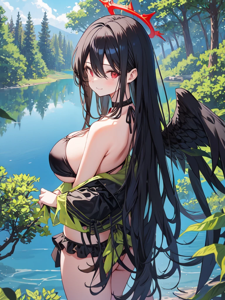 hasumi ba, halo, very long hair, black hair, upper body, thighs, standing, (lake background with trees around the lake), huge breasts, blush, mature woman, mature face, 1girl, solo, black choker, looking at viewer, hair between eyes, ((bikini)), red eyes, wings, black wings, smile, happy, parted lips