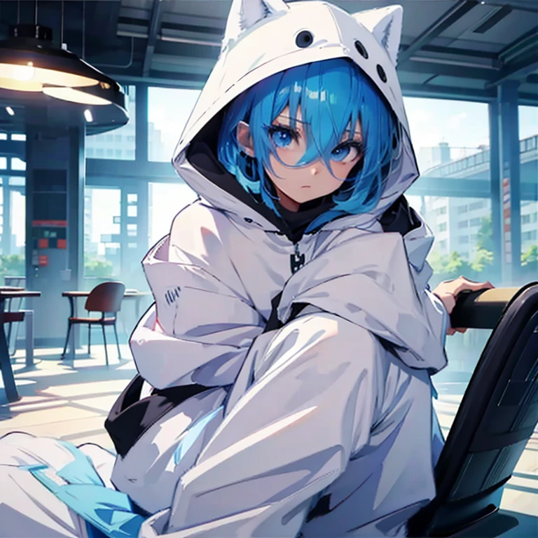 Blue Hair Girl、Wearing a hood、The hood has eyes、Hotel、Sitting