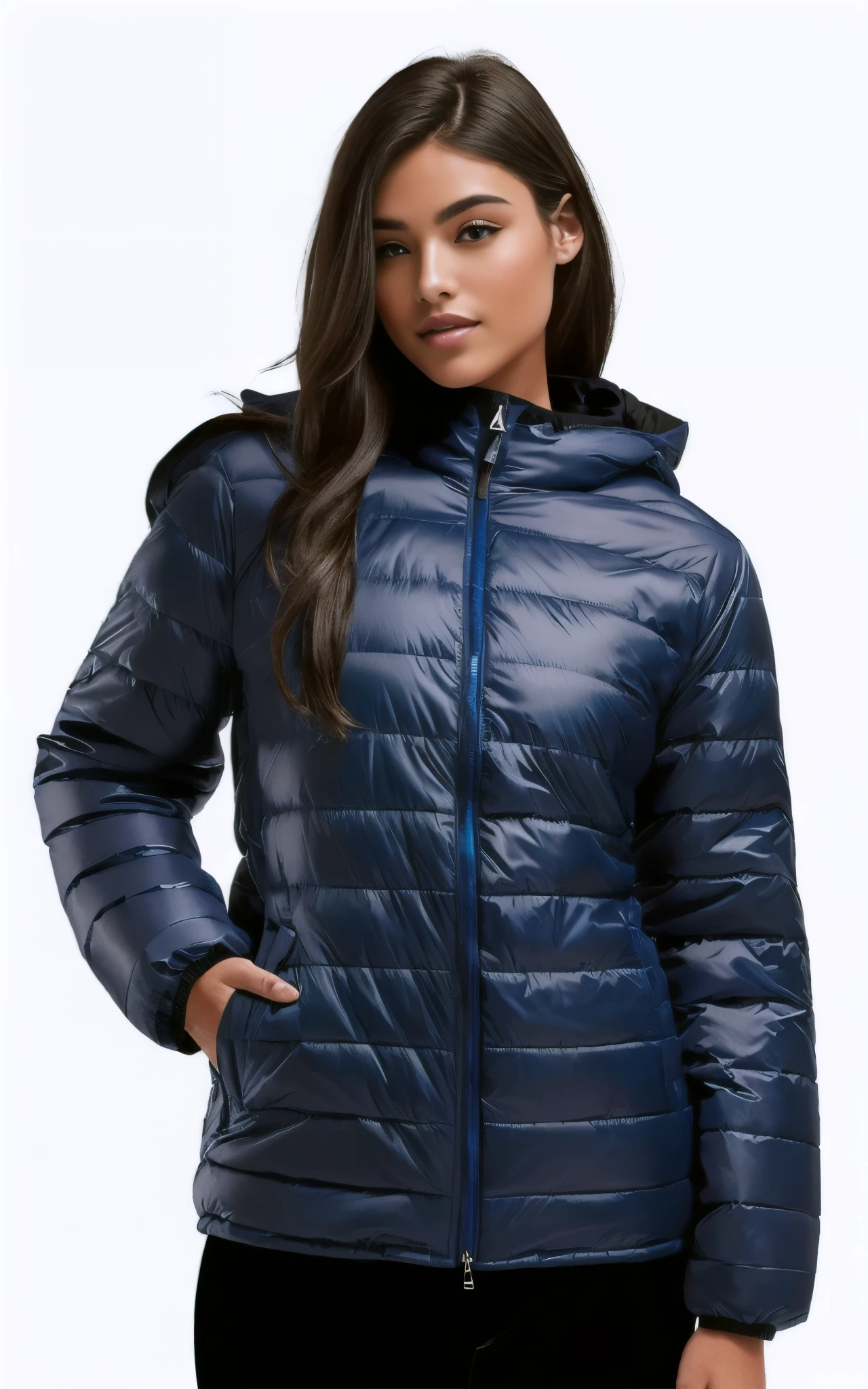 a white woman in a Jaqueta bomber azul and black pants posing for a picture, model wears a Casaco puffer, Casaco puffer, Parka Azul, encapuzado, casaco reflexivo inchado, future inflatable jacket, sobretudo fechado azul colante, azul-marinho, roupas esportivas, reflective Casaco puffer, Jaqueta azul, maxar, harmony Jaqueta azul, azul-marinho, wearing Jaqueta azul
