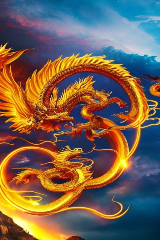 So sublime and divine々A beautiful golden dragon coiled up in the center of the screen, glaring at the camera.。The surrounding area is a canyon where no one can get close, and lightning is flashing in the background.、The sun is shining brightly。The dragon is、I want a realistic image。