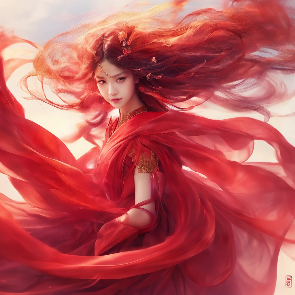 ((High quality, movie quality, best quality, extreme details, masterpiece details eyes)), a sky full of silk ribbons flowing background (red), a beautiful oriental girl (20 years old), oval face, long red hair shawl (elegant ), bright red phoenix eyes, red eyes, wearing a Han Dynasty transparent dress (red), sideways, full body silk (close-up shot), 8k, silk ribbons flowing (wrapped around the body), dancing (silk ribbons graceful), cinematic lighting,