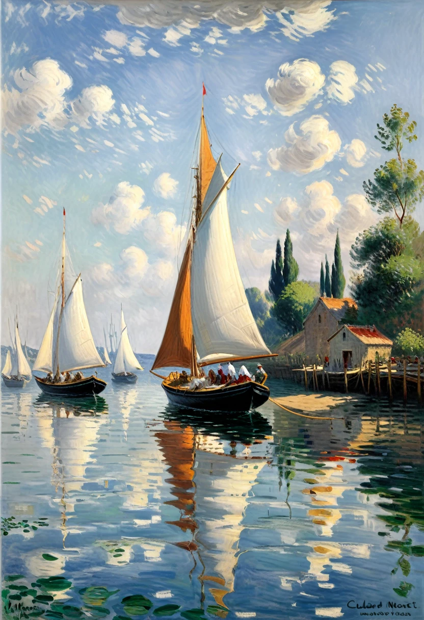 by Claude Monet, Seagoing sailboats, (masterpiece, best quality, Professional, perfect composition, very aesthetic, absurdres, ultra-detailed, intricate details:1.3)