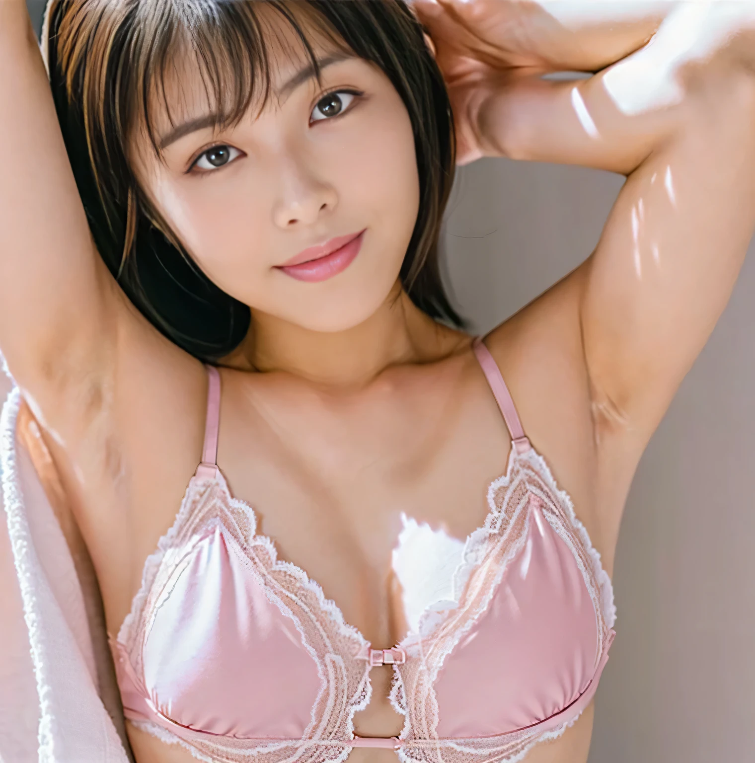 highest quality，masterpiece，Ultra-high resolution, Very detailed, 8k，A beautiful Japanese woman:1.5, blunt bangs, ((Crucifixion))，Small face，((Woman in Crucifixion on Cross:1.5, Extremely small waist, Breast Augmentation Surgery:1.5)), (Shiny and glamorous lace pink swimsuit:1.5, Breast Augmentation Surgery),　Breast Augmentation Surgery、　Detailed super smelly armpits、　Detailed armpit hair