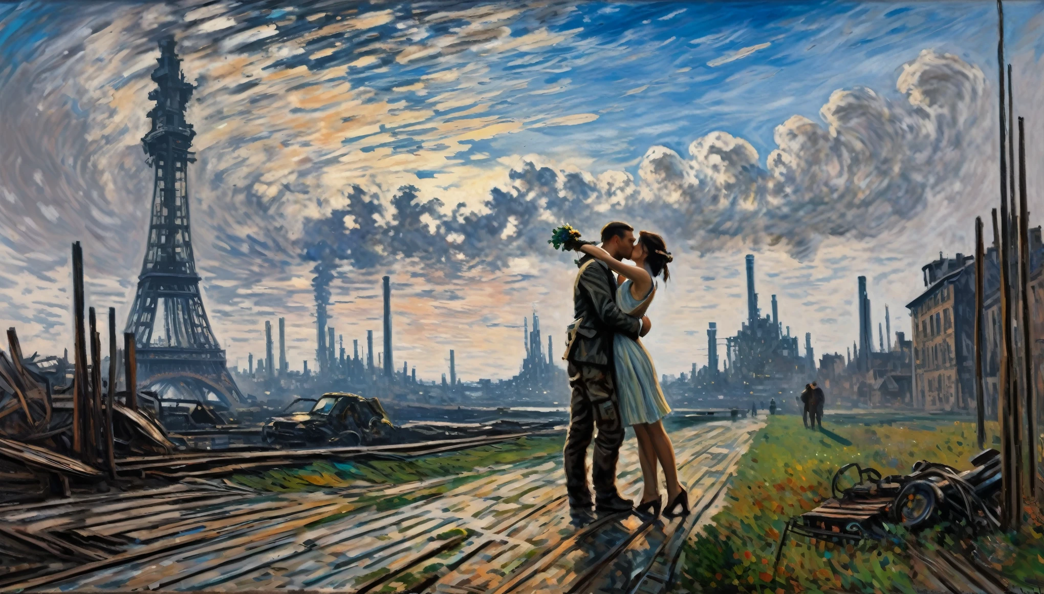 a beautiful oil painting of Couple kissing each other, cyberpunk and post-apocalyptic Wide angle view, ((Claude Monet art)), by Claude Monet