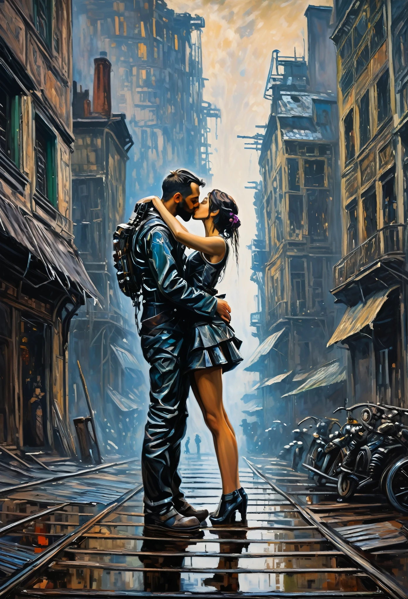 a beautiful oil painting of Couple kissing each other, cyberpunk and post-apocalyptic Wide angle view, ((Claude Monet art)), by Claude Monet