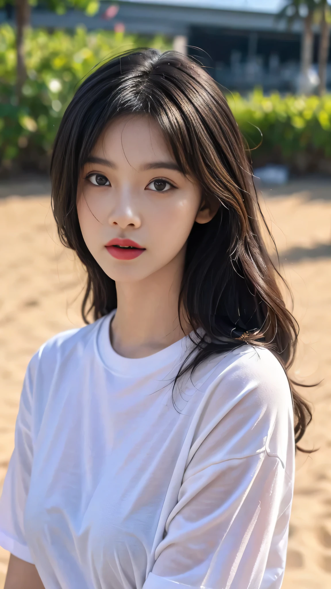 best quality,masterpiece,ultra high resolution,(actual:1.4),original photo,ultra high definition，8k，A perfect young female，in the dark，High picture quality，Black hair，Long hair flowing over the shoulders，Beach wave hairstyle，oversize t-shirt and short , Hydrated red lips，Real Human，CG rendering