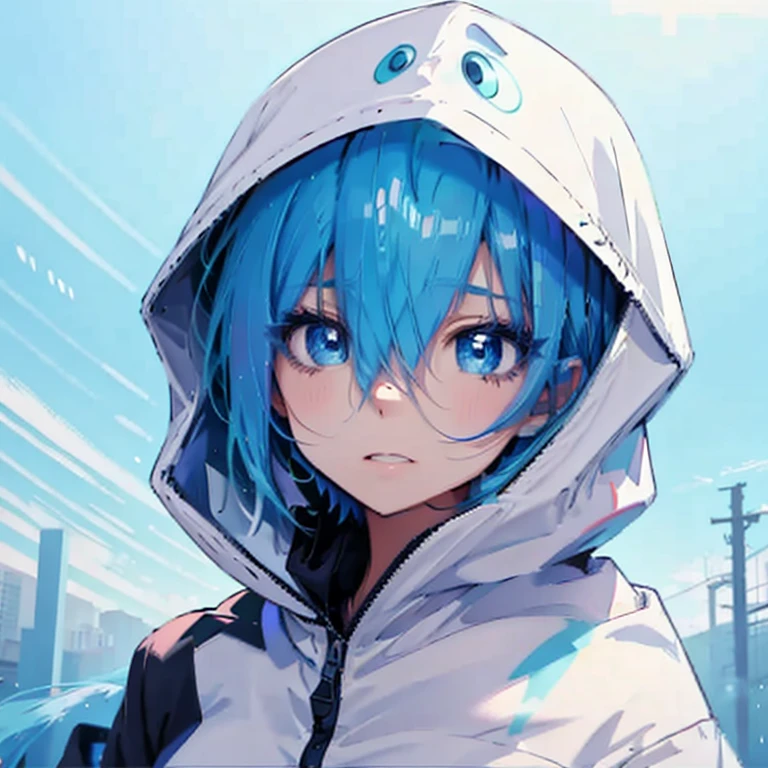 Blue Hair Girl、Wearing a hood