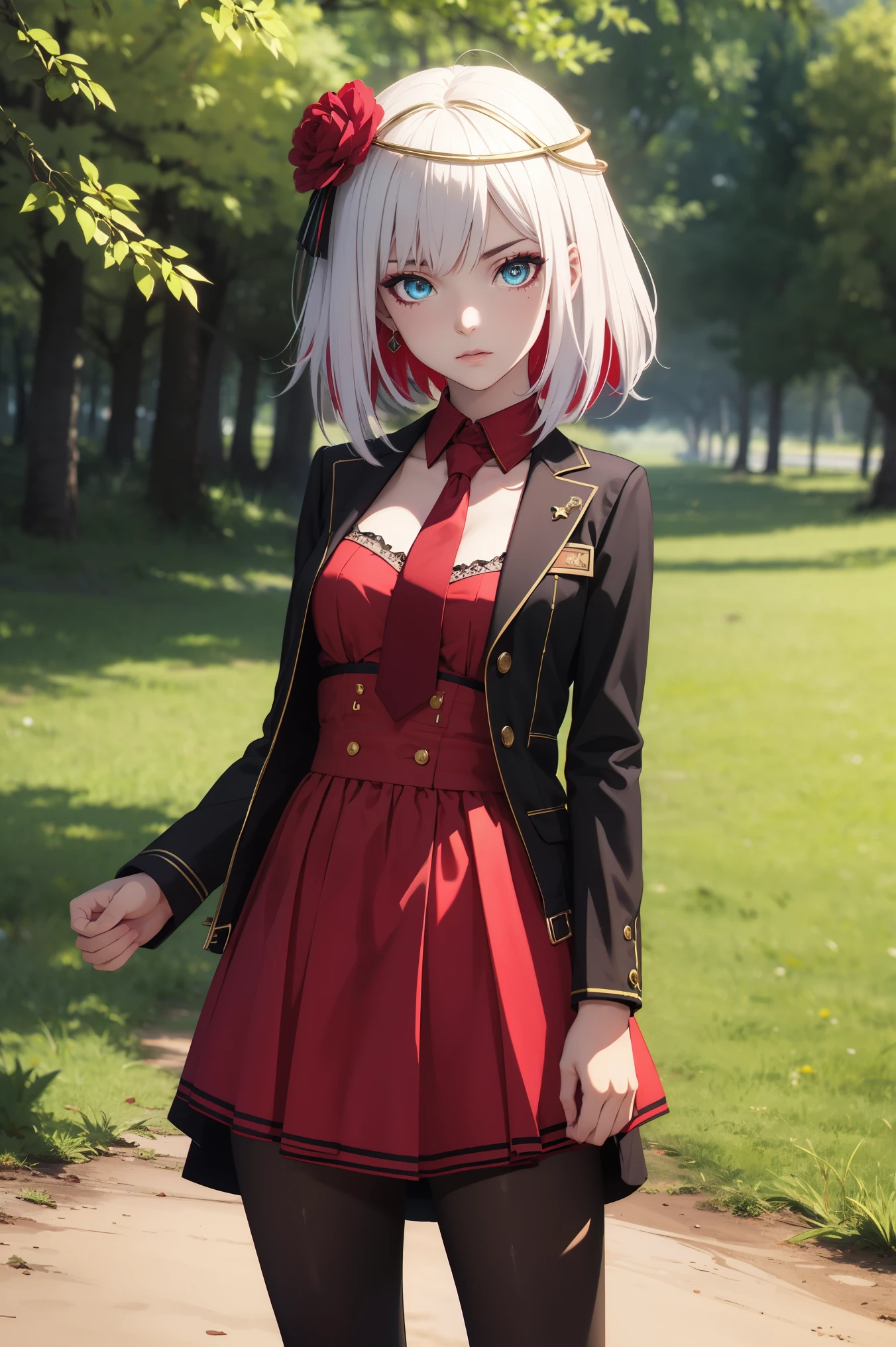 taktopdestiny, destiny, short hair, hair ornament, flower, white hair, red hair, multicolored hair, hair flower, rose, colored skin, facial mark, red flower, red rose, thorns,
BREAK (jacket, dress, necktie, pantyhose:1.2),
BREAK outdoors,
BREAK looking at viewer, (cowboy shot:1.5),
BREAK (masterpiece:1.2), best quality, high resolution, unity 8k wallpaper, (illustration:0.8), (beautiful detailed eyes:1.6), extremely detailed face, perfect lighting, extremely detailed CG, (perfect hands, perfect anatomy),