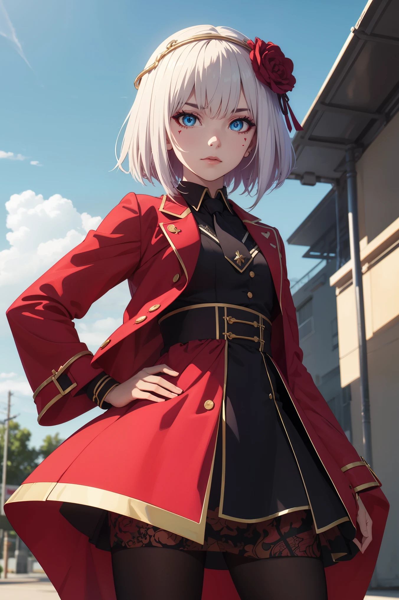 taktopdestiny, destiny, short hair, hair ornament, flower, white hair, red hair, multicolored hair, hair flower, rose, colored skin, facial mark, red flower, red rose, thorns,
BREAK (jacket, dress, necktie, pantyhose:1.2),
BREAK outdoors,
BREAK looking at viewer, (cowboy shot:1.5),
BREAK (masterpiece:1.2), best quality, high resolution, unity 8k wallpaper, (illustration:0.8), (beautiful detailed eyes:1.6), extremely detailed face, perfect lighting, extremely detailed CG, (perfect hands, perfect anatomy),