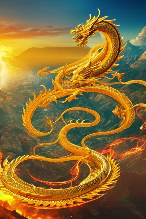 So sublime and divine々A beautiful golden dragon coiled up in the center of the screen, glaring at the camera.。The surrounding area is a canyon where no one can get close, and lightning is flashing in the background.、The sun is shining brightly。The dragon is、I want a realistic image。
