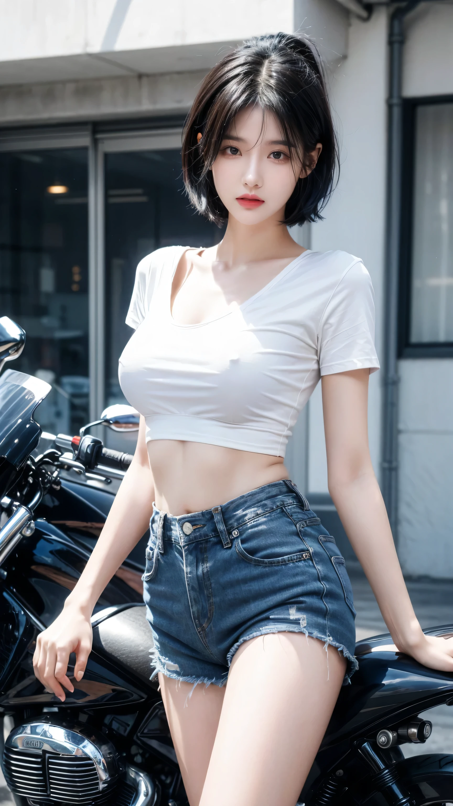 best quality, 1 Girl, dark blue hair, black eyes, Very short hair, Spiky hair, red down oversize t-shirt, High waist short jeans, 171 cm, Messy hair, Hair between the eyes, Medium breasts, full, Tomboy, aldult, 20 years old, 1 Girl Straddling a motorcycle