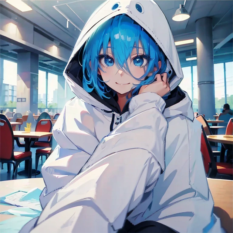 Blue Hair Girl、Wearing a hood、The hood has eyes、Hotel、Sitting、smile、Smiling