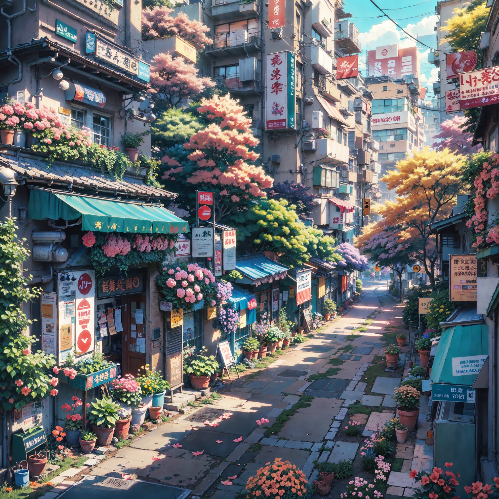 anime scenery of a street with a lot of signs and flowers which is beginning to enter the cyberpunk era, compact and complex buildings, narrow street, vibrant flowers, anime background art, Trees, broken robot, tokyo - esque town, tokyo anime scene, beautiful anime scene, japanese street, anime art wallpaper 8 k, anime style cityscape, anime art wallpaper 4 k, anime art wallpaper 4k, anime aesthetic, highly detailed digital painting, jen bartel, anime scenery concept art, Cinematic scenery、hightquality、masutepiece,8K、hight resolution、ultra-detailliert,